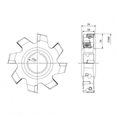 Корпус фрезы дисковой 100 мм, Ap=25 мм, Z-8, угол в плане 90°