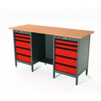 Верстак серии Standart, 1600 мм, фанера, тумба с 5-ю ящиками + тумба с 5-ю ящиками, красный RAL 3020 Верстак серии Standart, 1600 мм, фанера, тумба с 5-ю ящиками + тумба с 5-ю ящиками, красный RAL 3020