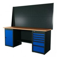 Верстак серии Industrial, 2000 мм, фанера, тумба с дверью + тумба с 6-ю ящиками, экран 1000, синий RAL 5005