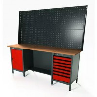 Верстак серии Standart, 2000 мм, фанера, тумба с дверью + тумба с 7-ю ящиками, экран 1000, красный RAL 3020 Верстак серии Standart, 2000 мм, фанера, тумба с дверью + тумба с 7-ю ящиками, экран 1000, красный RAL 3020