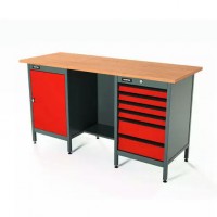 Верстак серии Standart, 1600 мм, фанера, тумба с дверью + тумба с 6-ю ящиками, красный RAL 3020 Верстак серии Standart, 1600 мм, фанера, тумба с дверью + тумба с 6-ю ящиками, красный RAL 3020