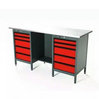 Верстак серии Standart, 1600 мм, оцинк, тумба с 5-ю ящиками + тумба с 5-ю ящиками, красный RAL 3020 Верстак серии Standart, 1600 мм, оцинк, тумба с 5-ю ящиками + тумба с 5-ю ящиками, красный RAL 3020