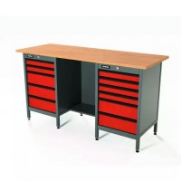 Верстак серии Standart, 1600 мм, фанера, тумба с 5-ю ящиками + тумба с 6-ю ящиками, красный RAL 3020 Верстак серии Standart, 1600 мм, фанера, тумба с 5-ю ящиками + тумба с 6-ю ящиками, красный RAL 3020