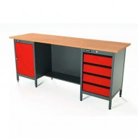 Верстак серии Standart, 2000 мм, фанера, тумба с дверью + тумба с 4-мя ящиками, красный RAL 3020 Верстак серии Standart, 2000 мм, фанера, тумба с дверью + тумба с 4-мя ящиками, красный RAL 3020