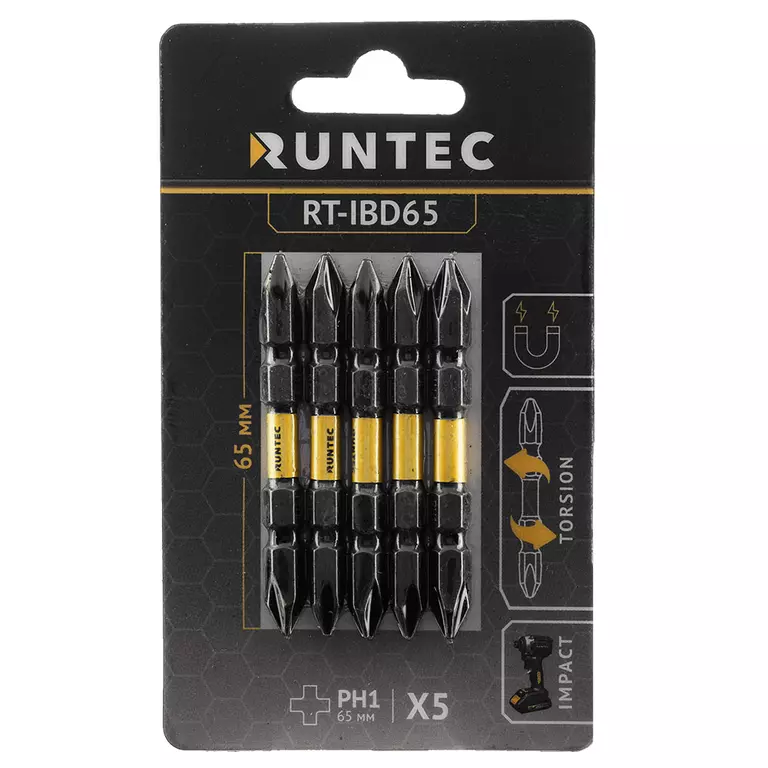 Бита ударная двусторонняя RUNTEC H6.35 65мм PH1/PH1 5шт