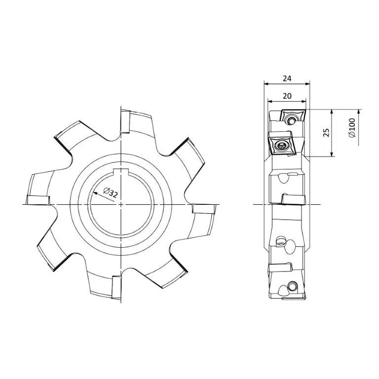Корпус фрезы дисковой 100 мм, Ap=25 мм, Z-8, угол в плане 90°