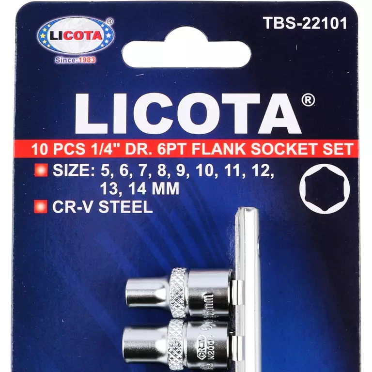 Licota TBS-22101 Набор торцевых головок 1/4" 6 гр. 5-14 мм 10пр. на линейке