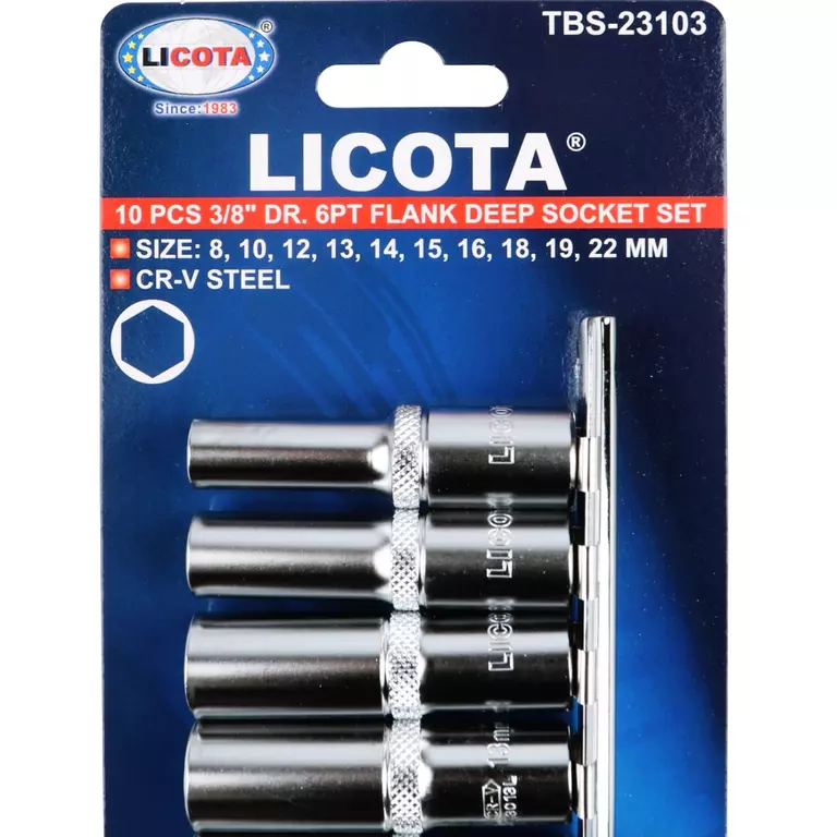 Licota TBS-23103 Набор глубоких торцевых головок 3/8" 6 гр. 8-22 мм 10пр. на линейке