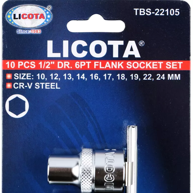 Licota TBS-22105 Набор торцевых головок 1/2" 6 гр. 10-24 мм 10пр. на линейке
