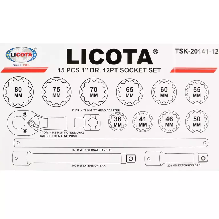 Licota TSK-20141-12 Набор торцевых головок 1", 12 гр., 15 пр., 36-80 мм