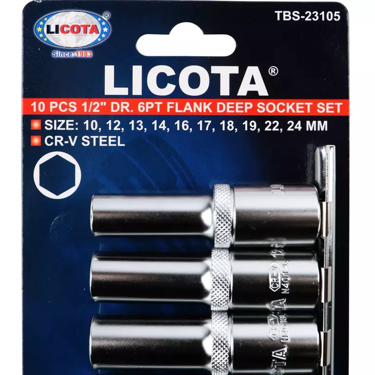 Licota TBS-23105 Набор глубоких торцевых головок 1/2" 6 гр. 10-24 мм 10пр. на линейке