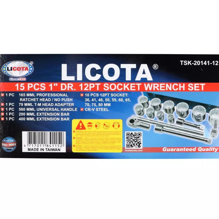 Licota TSK-20141-12 Набор торцевых головок 1", 12 гр., 15 пр., 36-80 мм