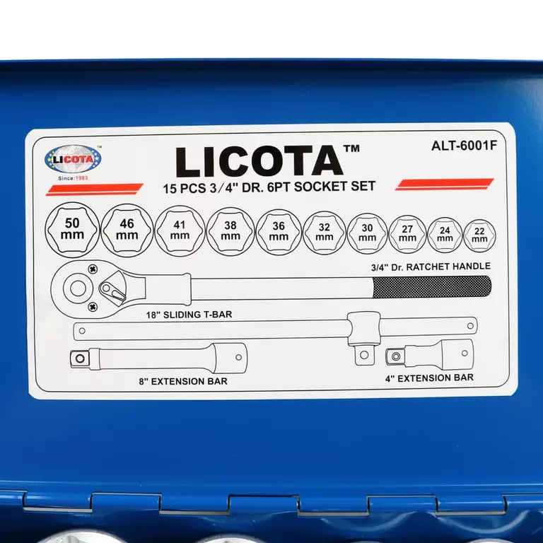 Licota ALT-6001F Набор торцевых головок 3/4", 6гр., 22-50 мм, 15пр.