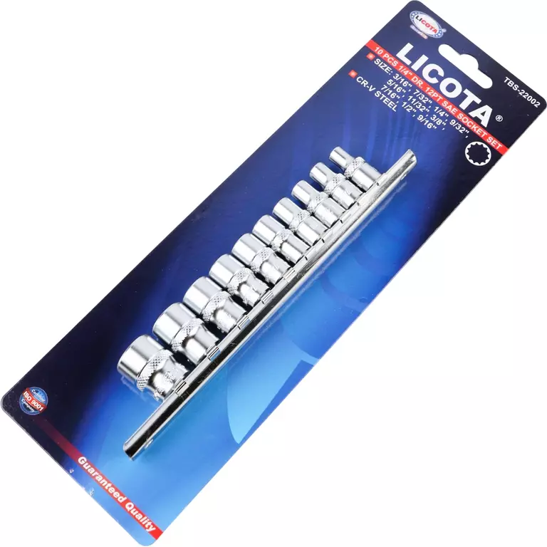Licota TBS-22002 Набор торцевых головок 1/4" 12 гр. 3/16"-9/16" 10пр. на линейке