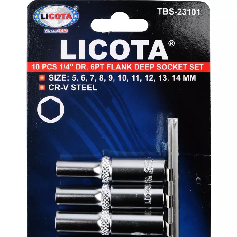 Licota TBS-23101 Набор глубоких торцевых головок 1/4" 6 гр. 5-14 мм 10пр. на линейке