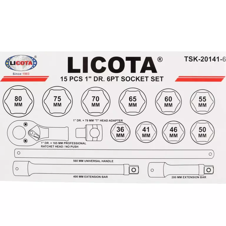 Licota TSK-20141-6 Набор торцевых головок 1", 6 гр., 15 пр., 36-80 мм