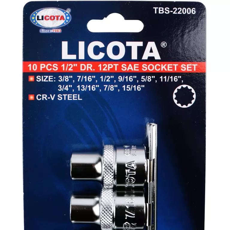 Licota TBS-22006 Набор торцевых головок 1/2" 12 гр. 3/8"-15/16" 10пр. на линейке