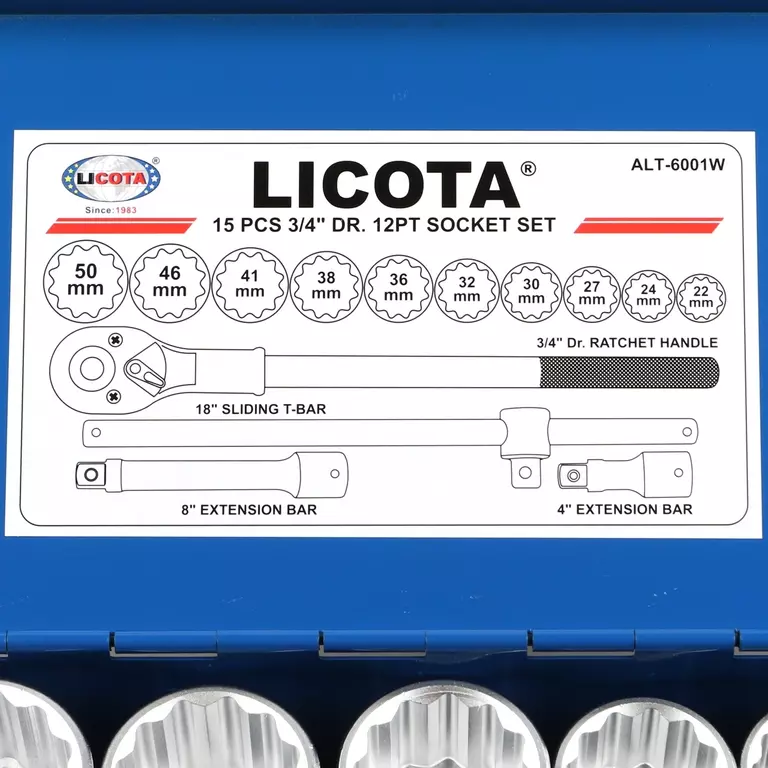 Licota ALT-6001W Набор торцевых головок 3/4", 12гр., 22-50 мм, 15пр.